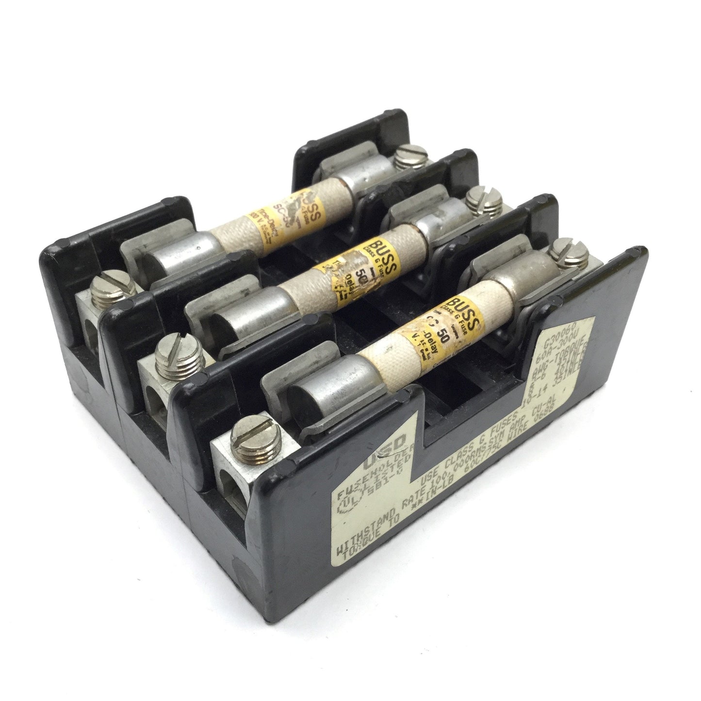 Used USD G30060 Fuse Holder, 3-Pole, Rating: 60A 300V, With 3x 50A Time-Delay Fuses