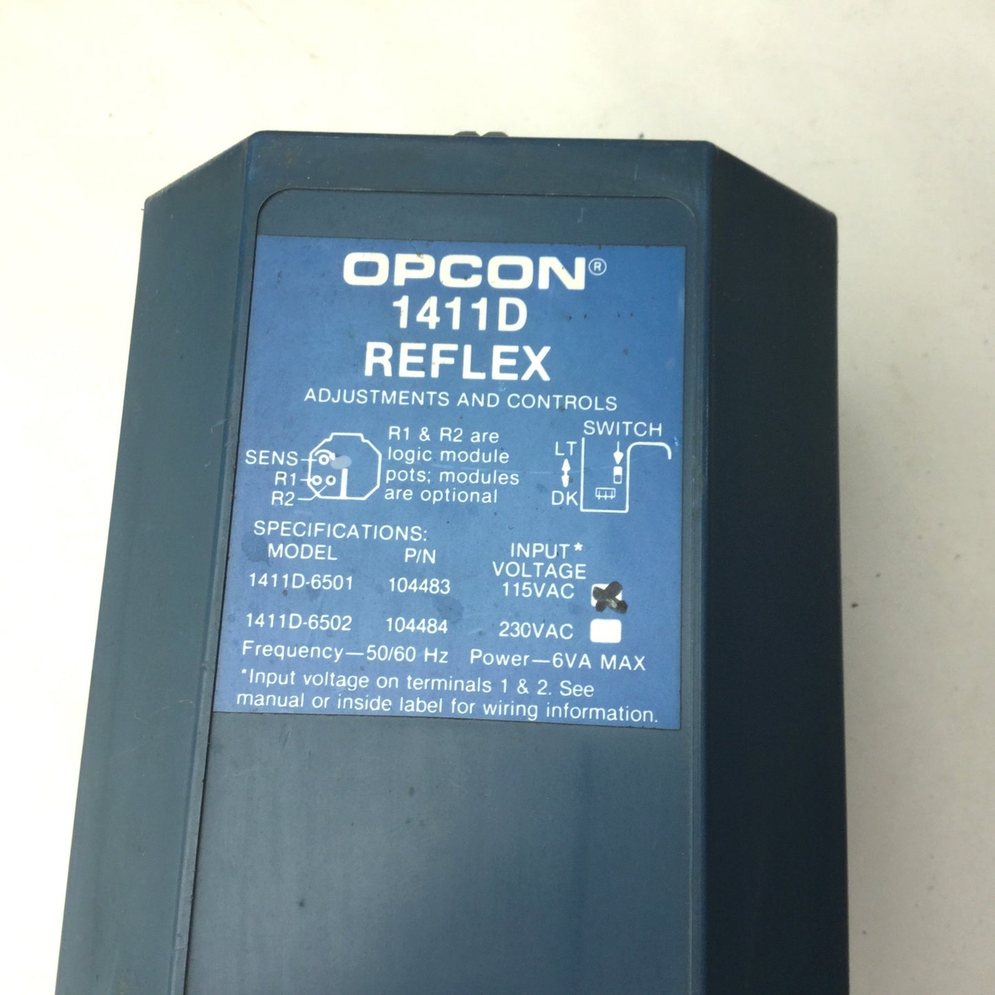 Used Opcon 1411D-6501 Reflex Sensor, 115-125VAC, 50/60Hz, Infrared Beam, 30' Sensing