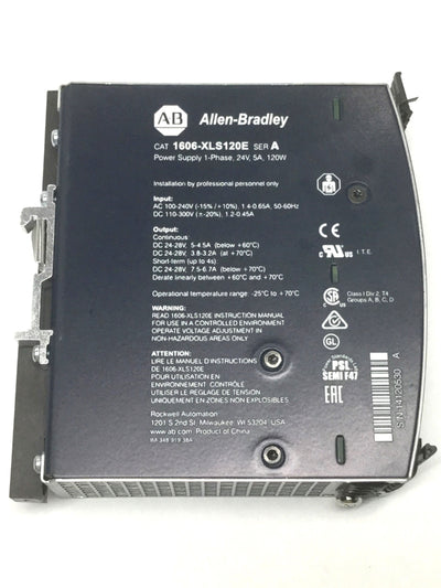 Used Allen Bradley 1606-XLS120E Power Supply, 100-240VAC Input, 24VDC 5A Output