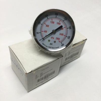 New – Open box Lot of 2 4FMW9 Pressure Gauges, 2-1/2" Stainless Steel, 0-400psi, 1/4" NPT
