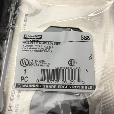 New Box of 10 New Hubbell SS8 Wall Plate, Smooth Type 302/304, Duplex Receptacle, SS
