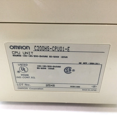 Used Omron C200HS-CPU01-E Sysmac PLC CPU Module Unit, 100-120/200-240VAC 120VA