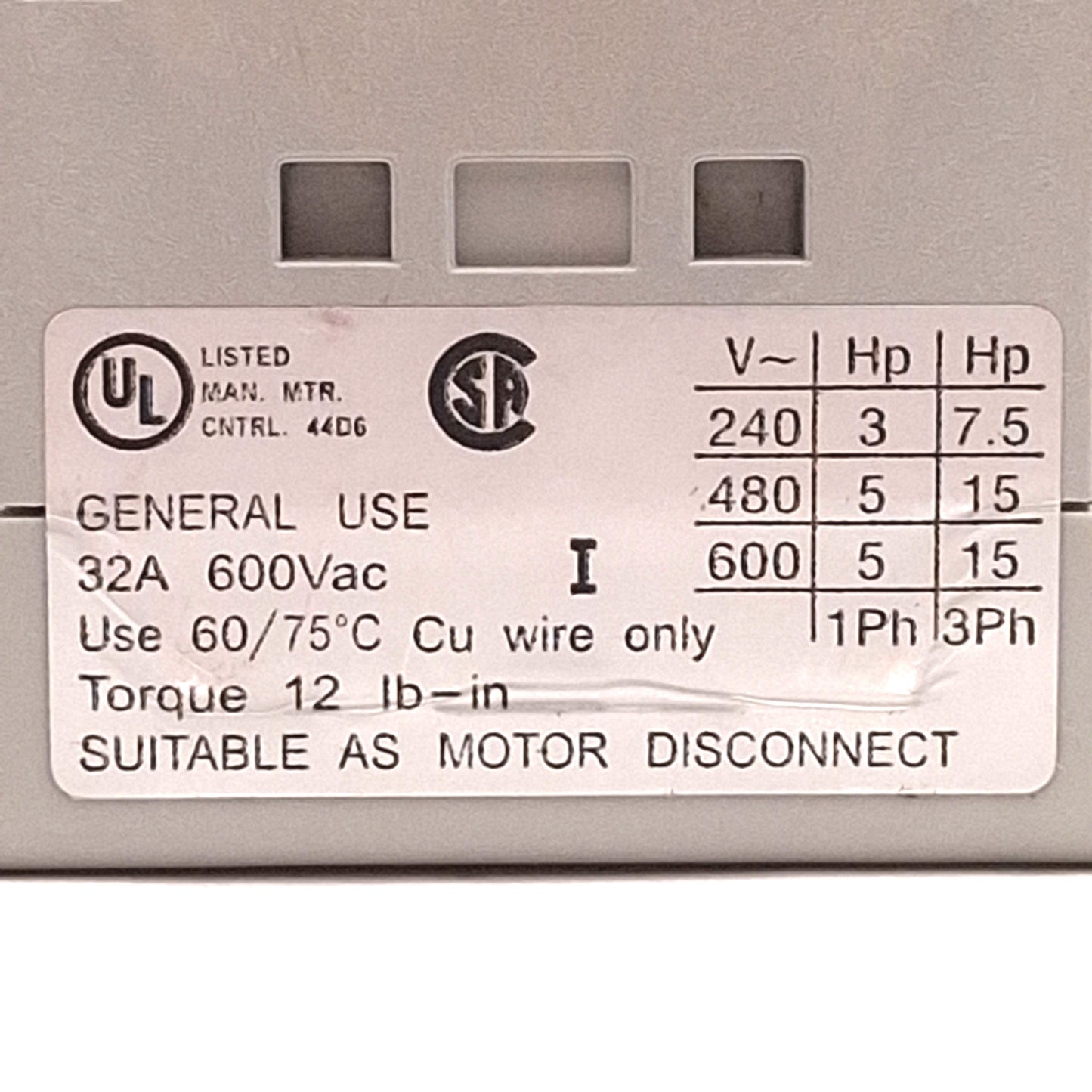 Used Sprecher + Schuh LA7-32-1753 Motor Disconnect Switch, 3-Pole, 32A 600VAC Rating