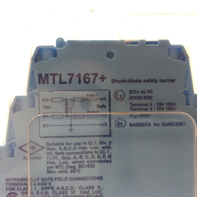 New – Open box MTL MTL7167+ Shunt Diode Safety Barrier, 2-Channel, +VE 12VDC, 15V 100Ohms 150mA