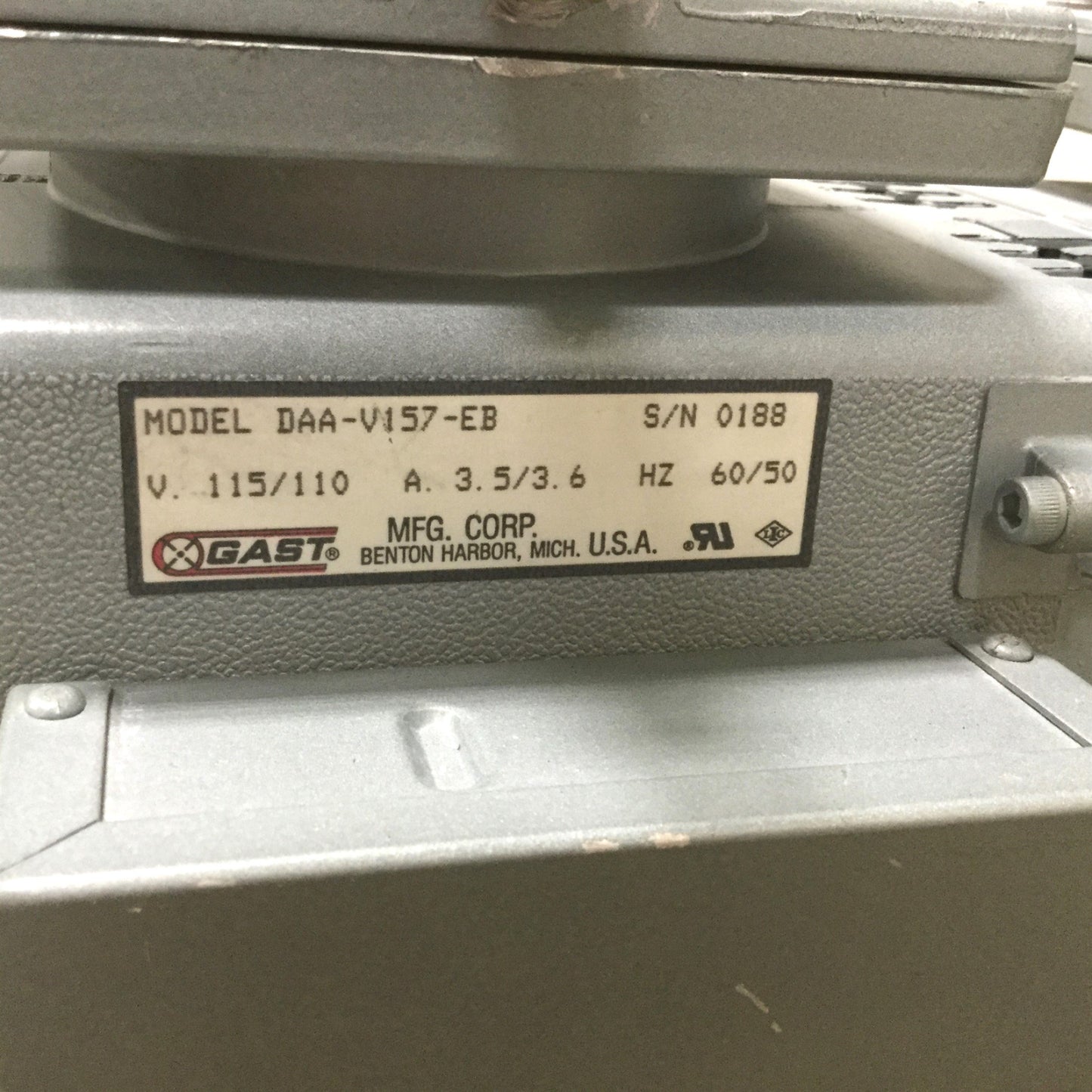 Used Gast DAA-V157-EB Vacuum Pump, Voltage 110/115V, Ports 1/4" NPT, Tested to 23inHg