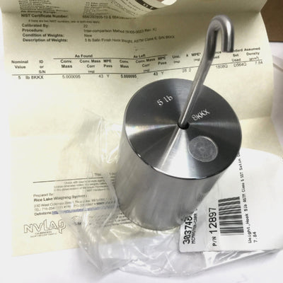 New – Open box Rice Lake 12897 Satin Finish Hook Weight SS, 5lb Calibration, Class 6, 7.84g/cm³