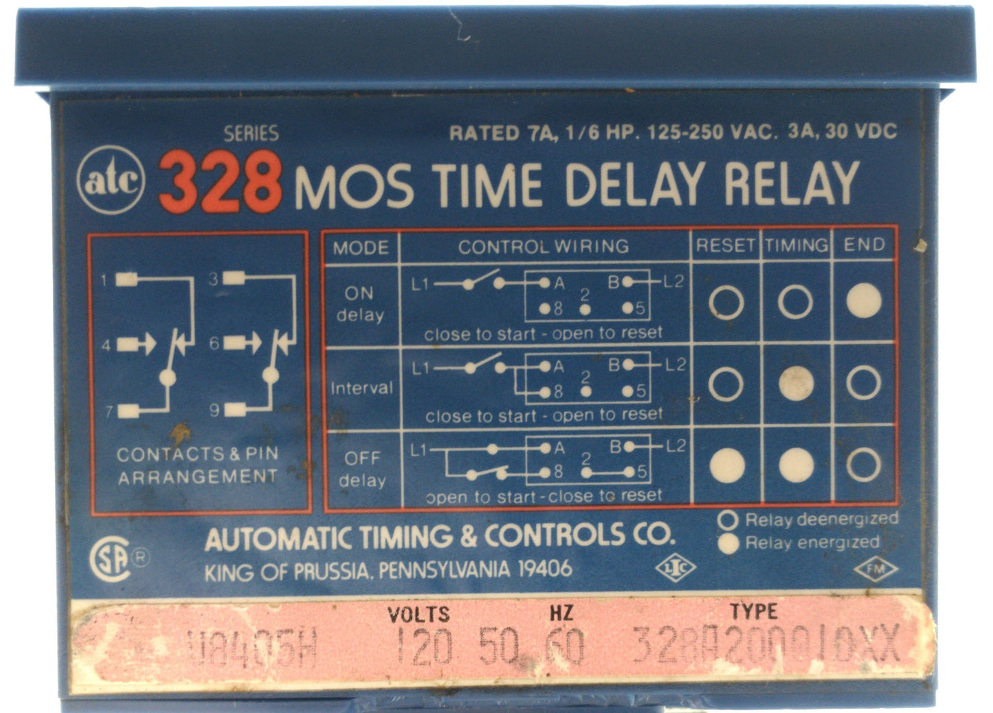 Used ATC 328A200010XX Time Delay Relay & Base, 1Sec-10Hour DPDT 250VAC/30VDC 7/3A