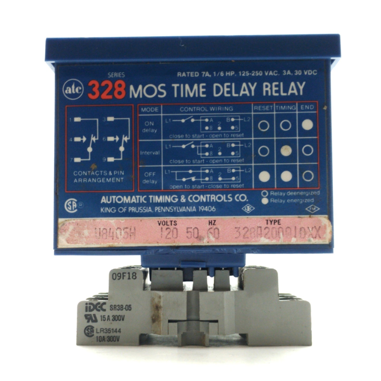 Used ATC 328A200010XX Time Delay Relay & Base, 1Sec-10Hour DPDT 250VAC/30VDC 7/3A