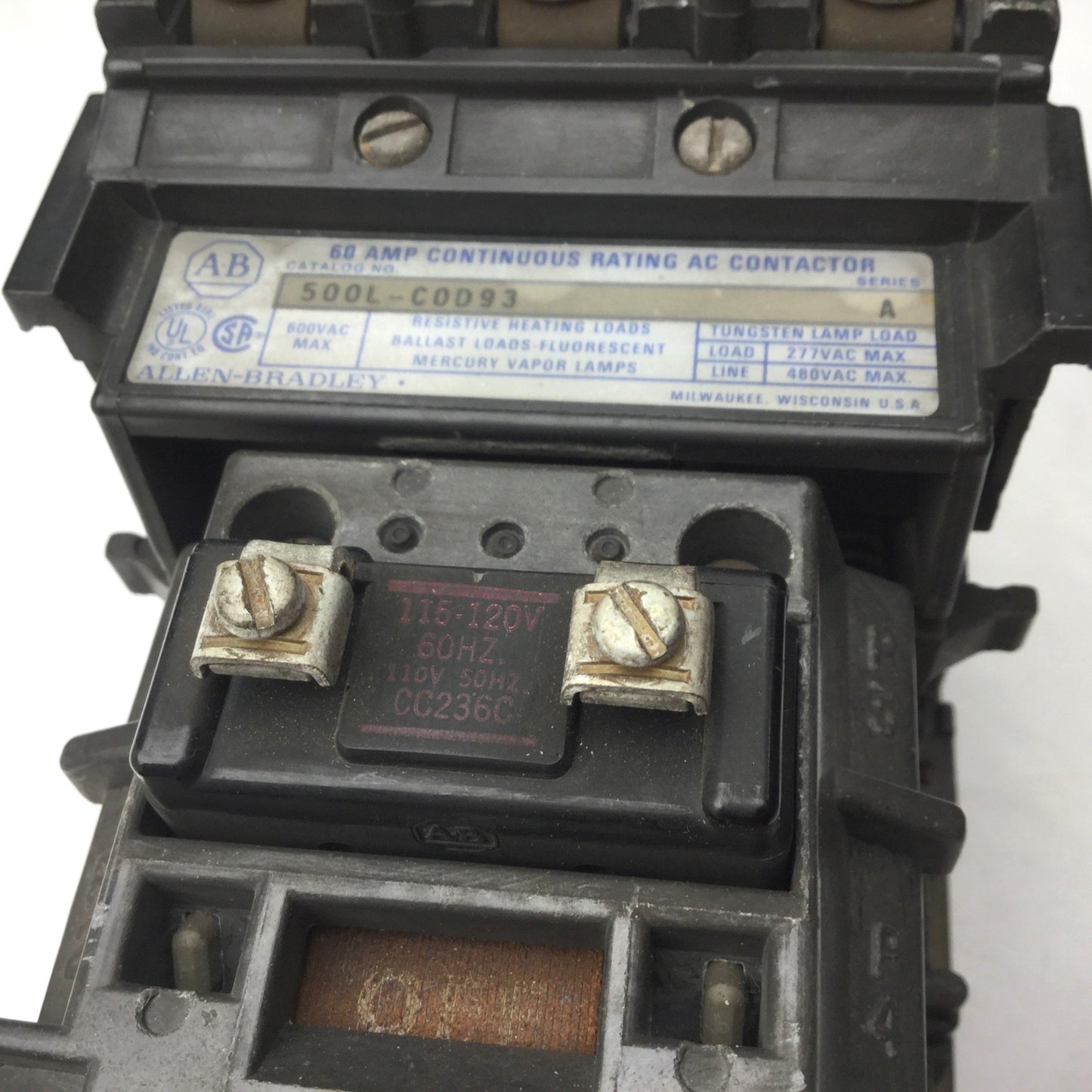 Used Allen Bradley 500L-COD93 Contactor 60A 3-Pole, Coil 115-120VAC, 600VAC Max
