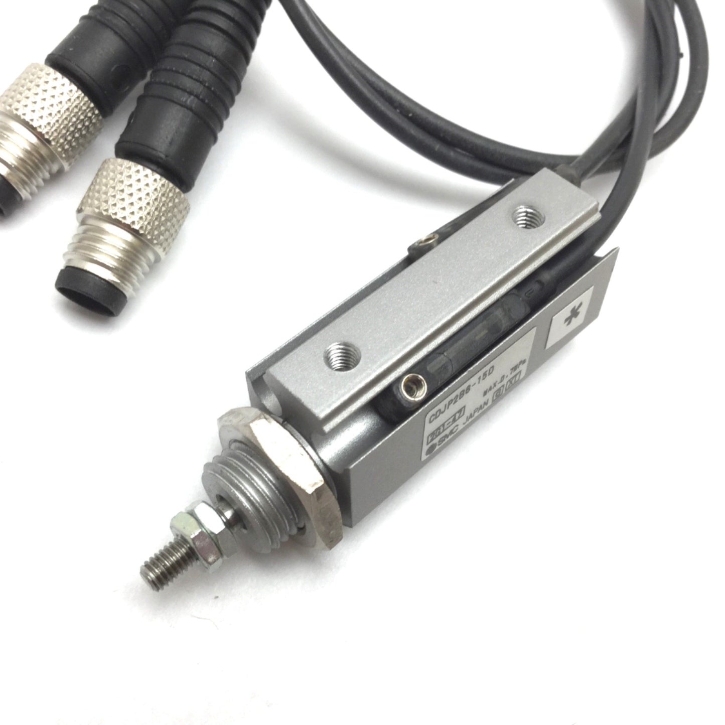 Used SMC CDJP2B6-15D Pneumatic Pin Cylinder, Bore: 6mm, Stroke: 15mm, W/ 2x Sensors