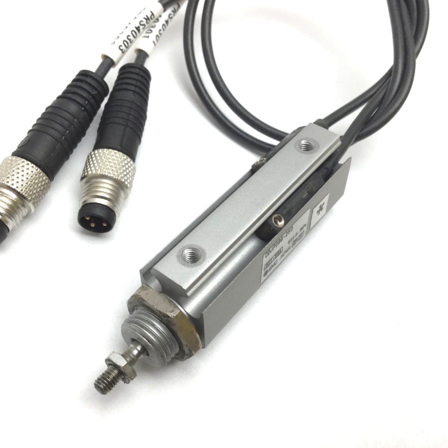 Used SMC CDJP2B6-25D Pneumatic Pin Cylinder, Bore: 6mm, Stroke: 25mm, W/ 2x Sensors