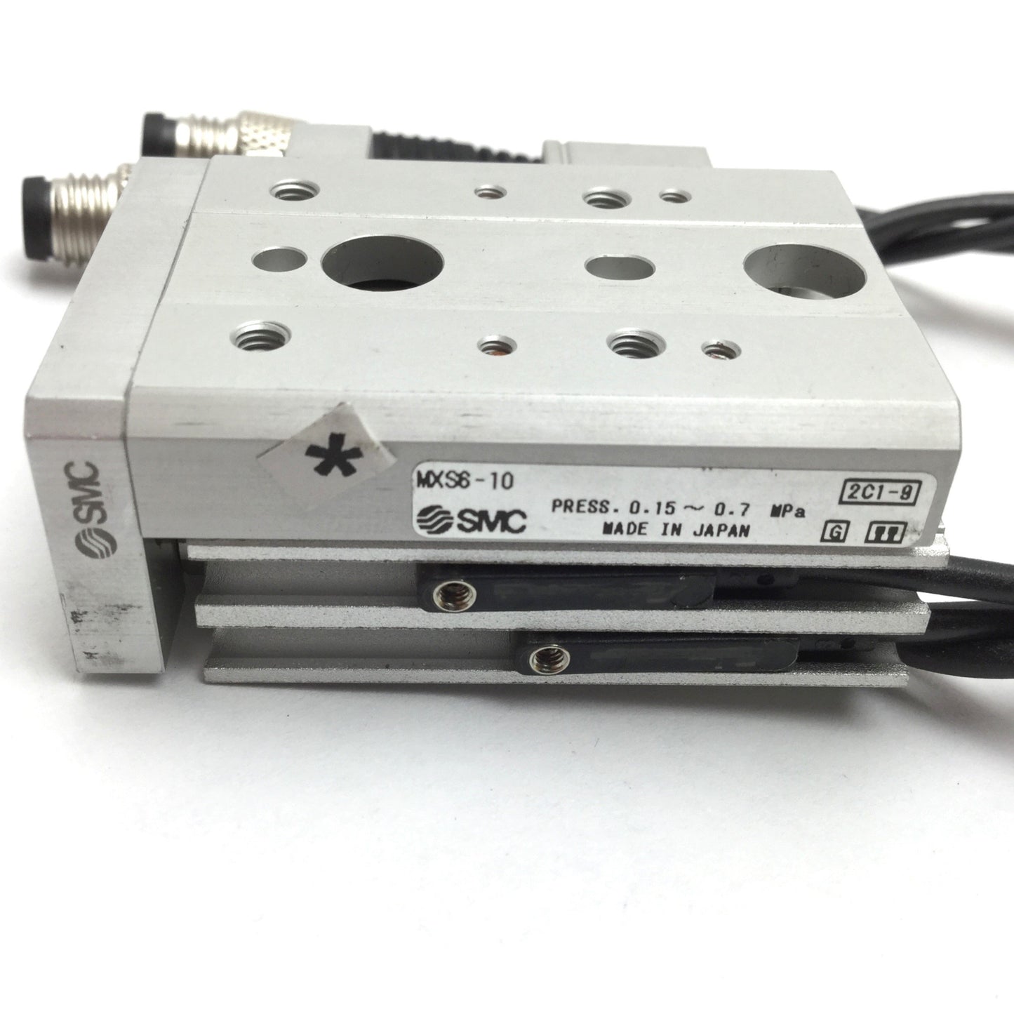 Used SMC MXS6-10 Pneumatic Slide Table, Bore: 6mm, Stroke: 10mm, M3x0.5, W/ 2 Sensors