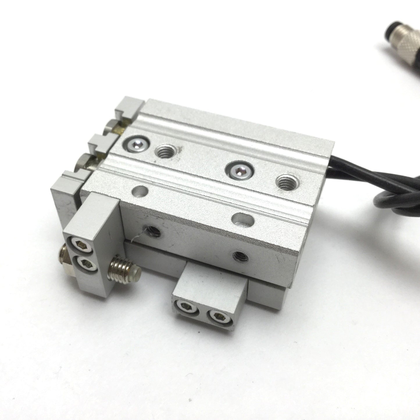 Used SMC MXS6-10 Pneumatic Slide Table, Bore: 6mm, Stroke: 10mm, M3x0.5, W/ 2 Sensors
