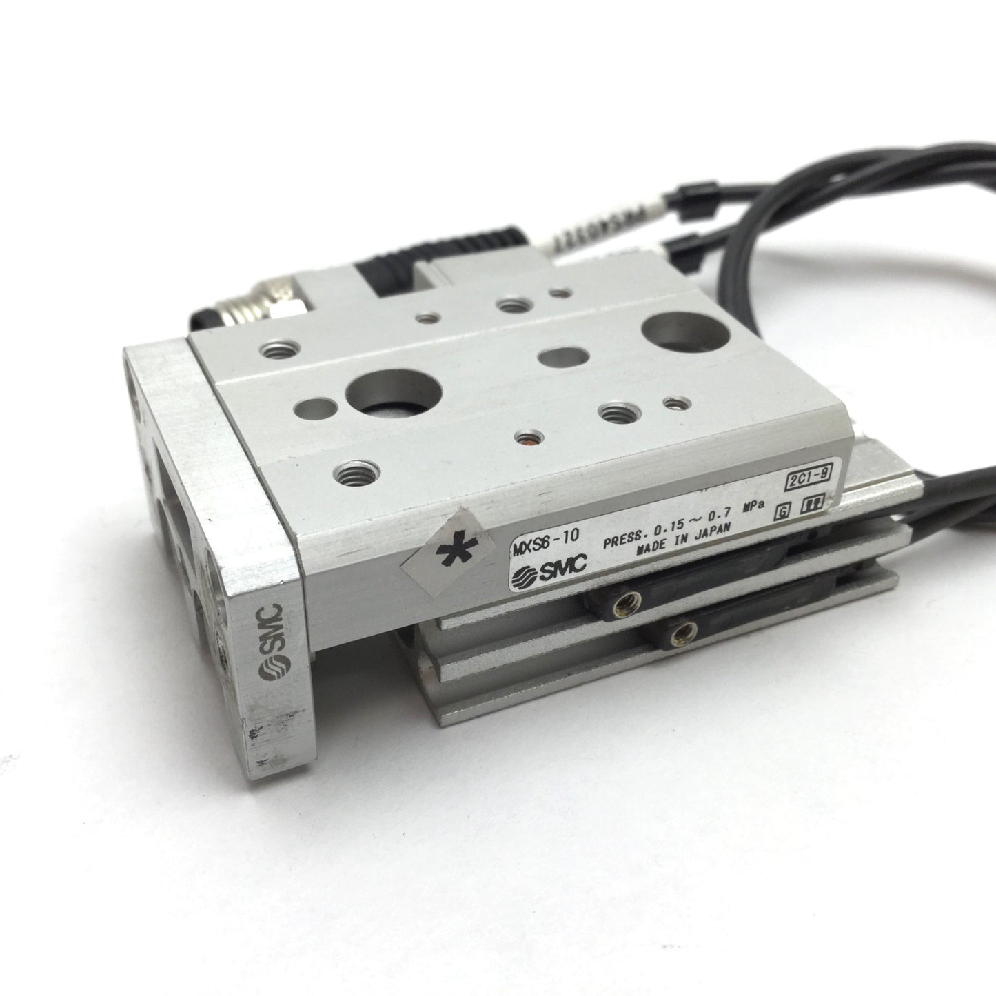 Used SMC MXS6-10 Pneumatic Slide Table, Bore: 6mm, Stroke: 10mm, M3x0.5, W/ 2 Sensors