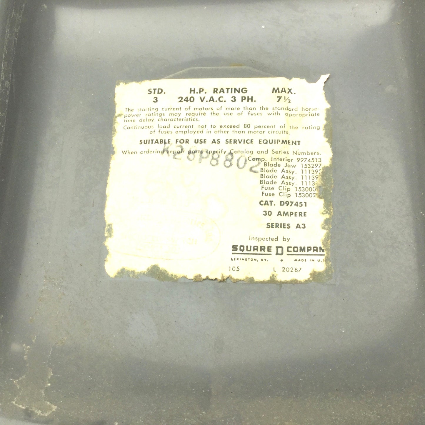 Used Square D D-97451 Safety Switch, 3 Phase, 30A, 240VAC Max, 3 HP, Series A3