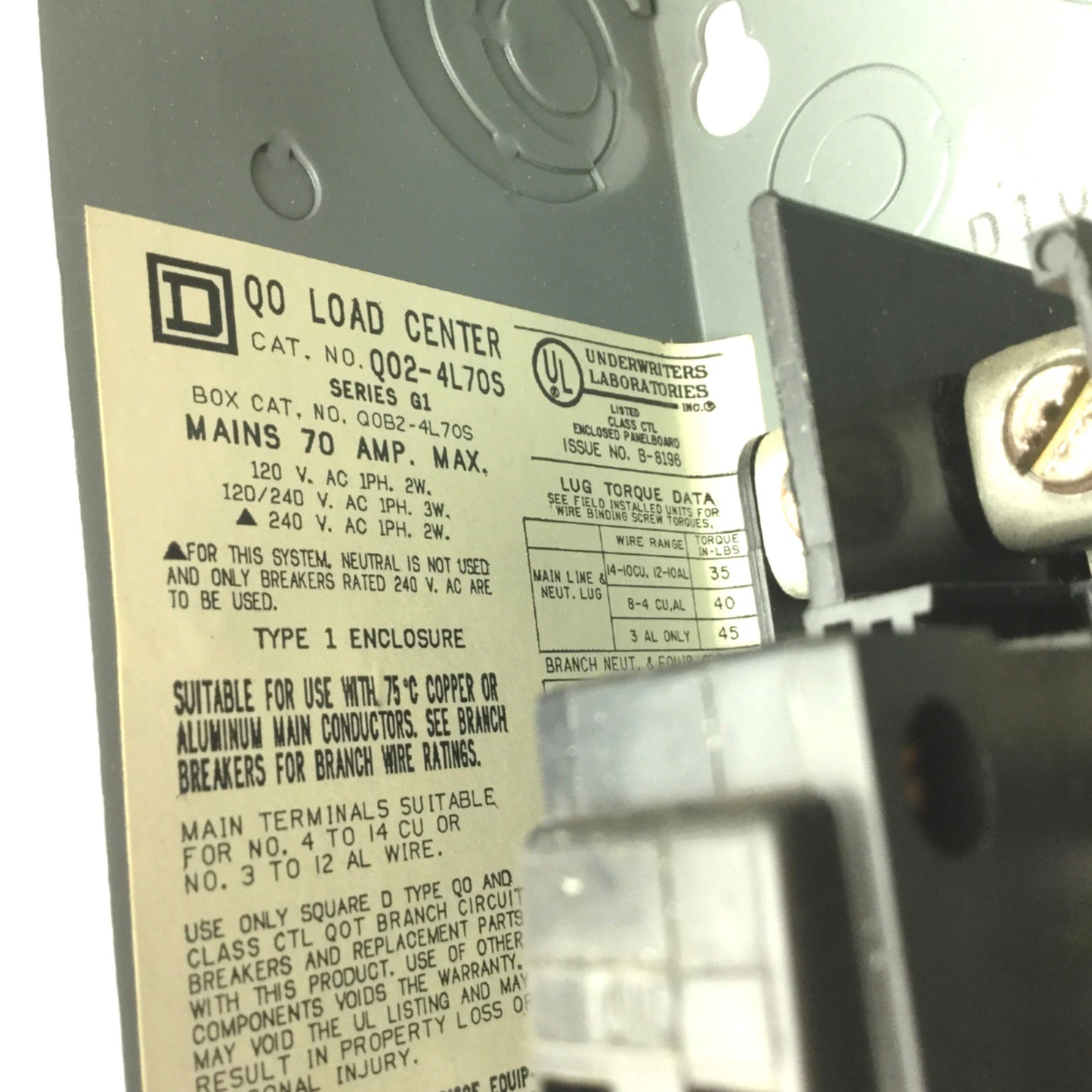 Used Square D Q02-4L705 Series-G1 Load Center, 70A, 120/240VAC, 3W Max
