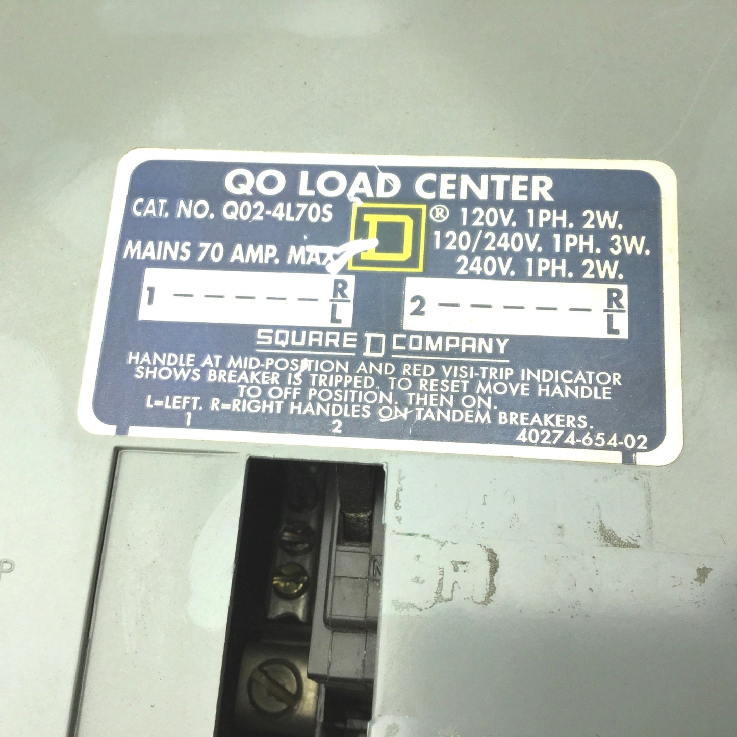 Used Square D Q02-4L705 Series-G1 Load Center, 70A, 120/240VAC, 3W Max