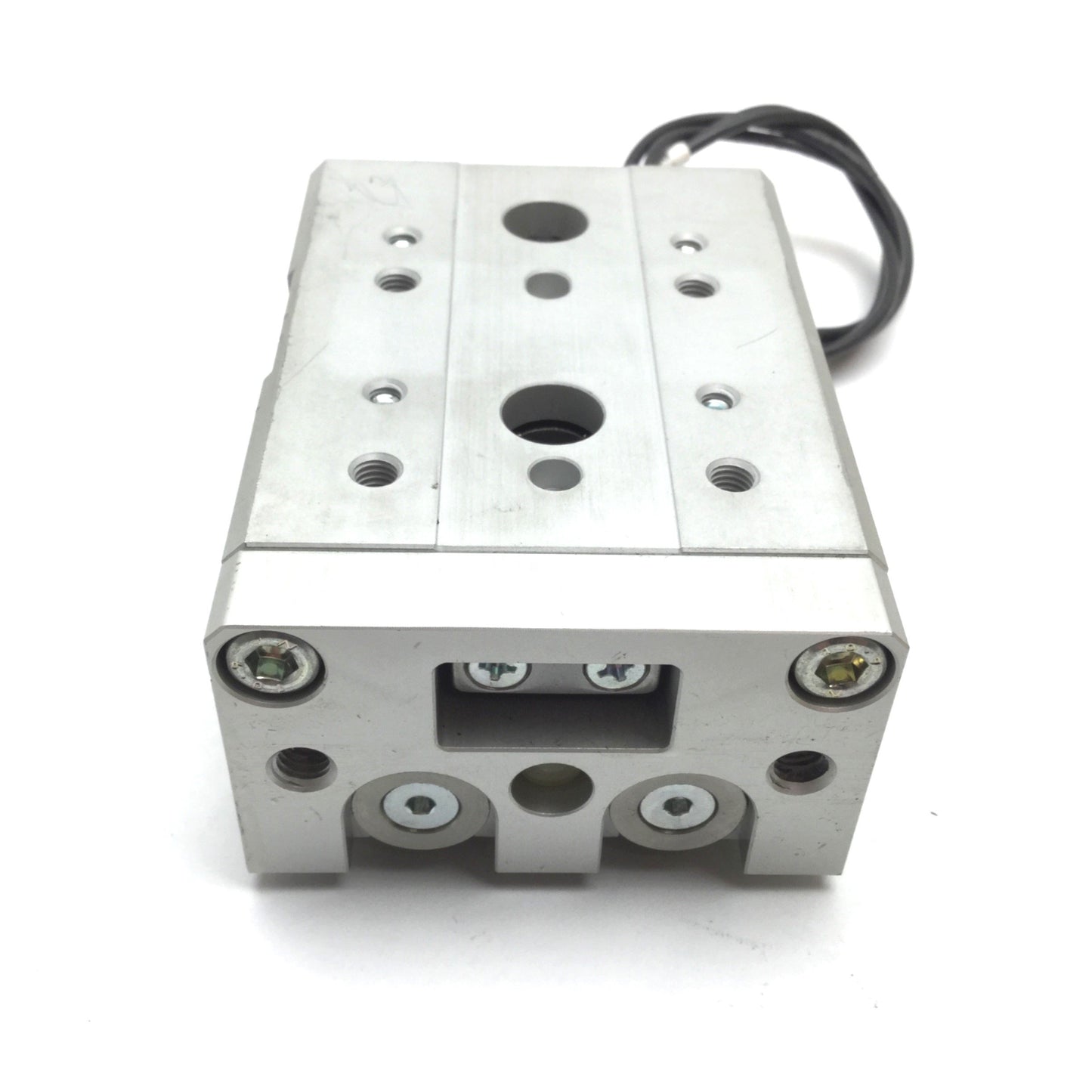 Used SMC MXS16-10 Pneumatic Slide Table, Bore 16mm, Stroke 10mm, M5x0.8, W/ 2 Sensors