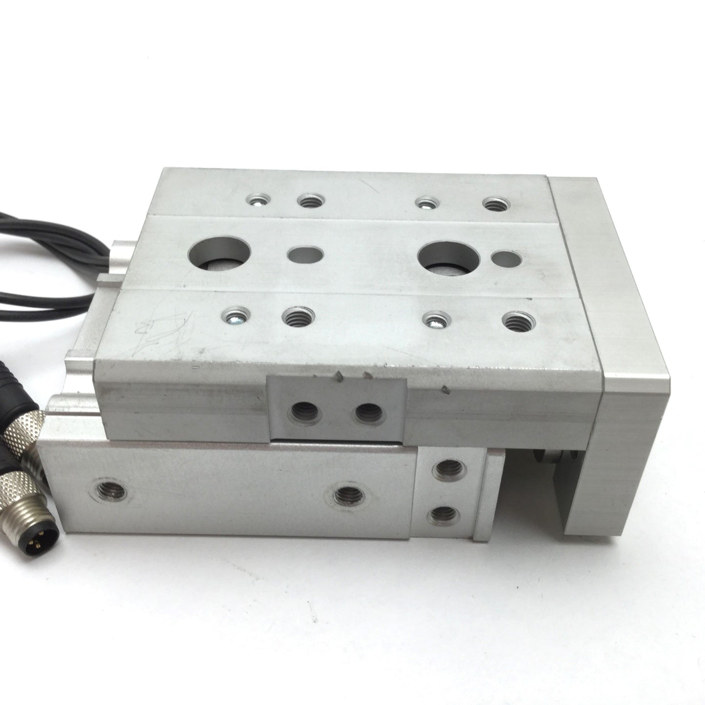 Used SMC MXS16-10 Pneumatic Slide Table, Bore 16mm, Stroke 10mm, M5x0.8, W/ 2 Sensors