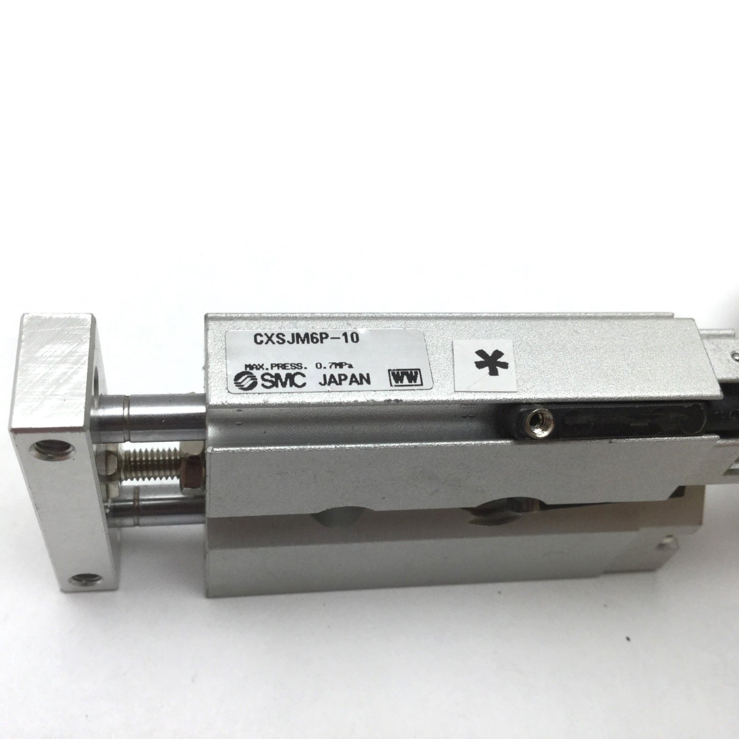 Used SMC CXSJM6P-10 Dual Rod Cylinder, Bore: 6mm, Stroke: 10mm, M3x0.5, W/ 2x Sensors