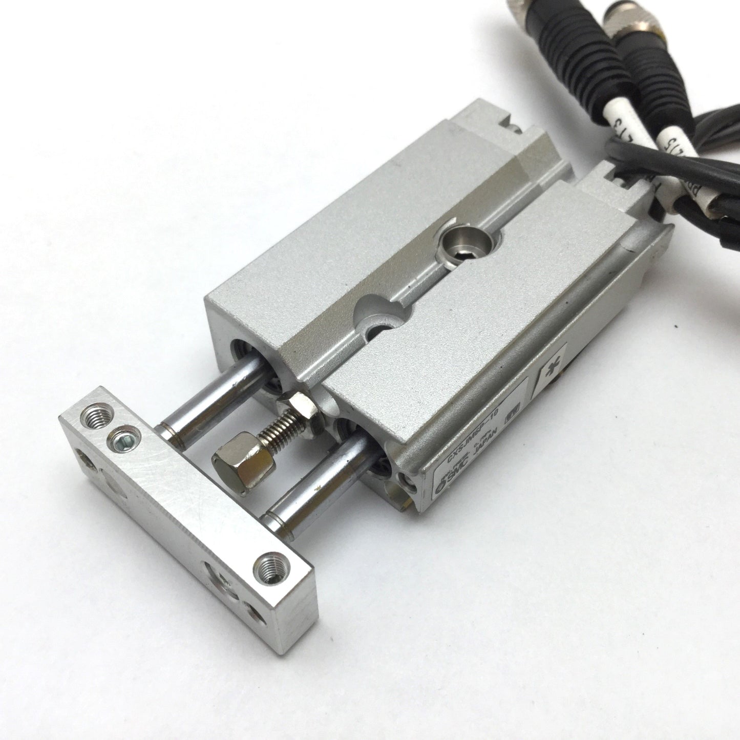 Used SMC CXSJM6P-10 Dual Rod Cylinder, Bore: 6mm, Stroke: 10mm, M3x0.5, W/ 2x Sensors