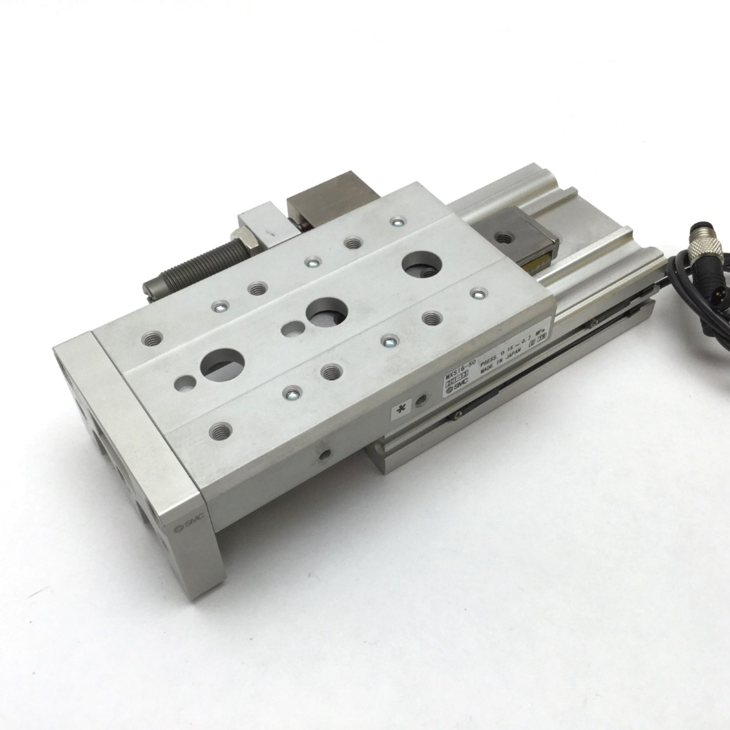 Used SMC MXS16-50 Dual Rod Slide Table, Bore 16mm, Stroke 50mm, M5x0.8, W/ 2x Sensors