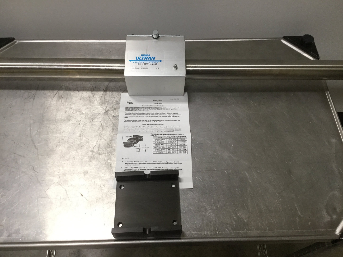 Used Bimba CUL-01301-A-48 Ultran Rodless Cylinder Bore: 1-1/2", Stroke: 48", 1/8" NPT