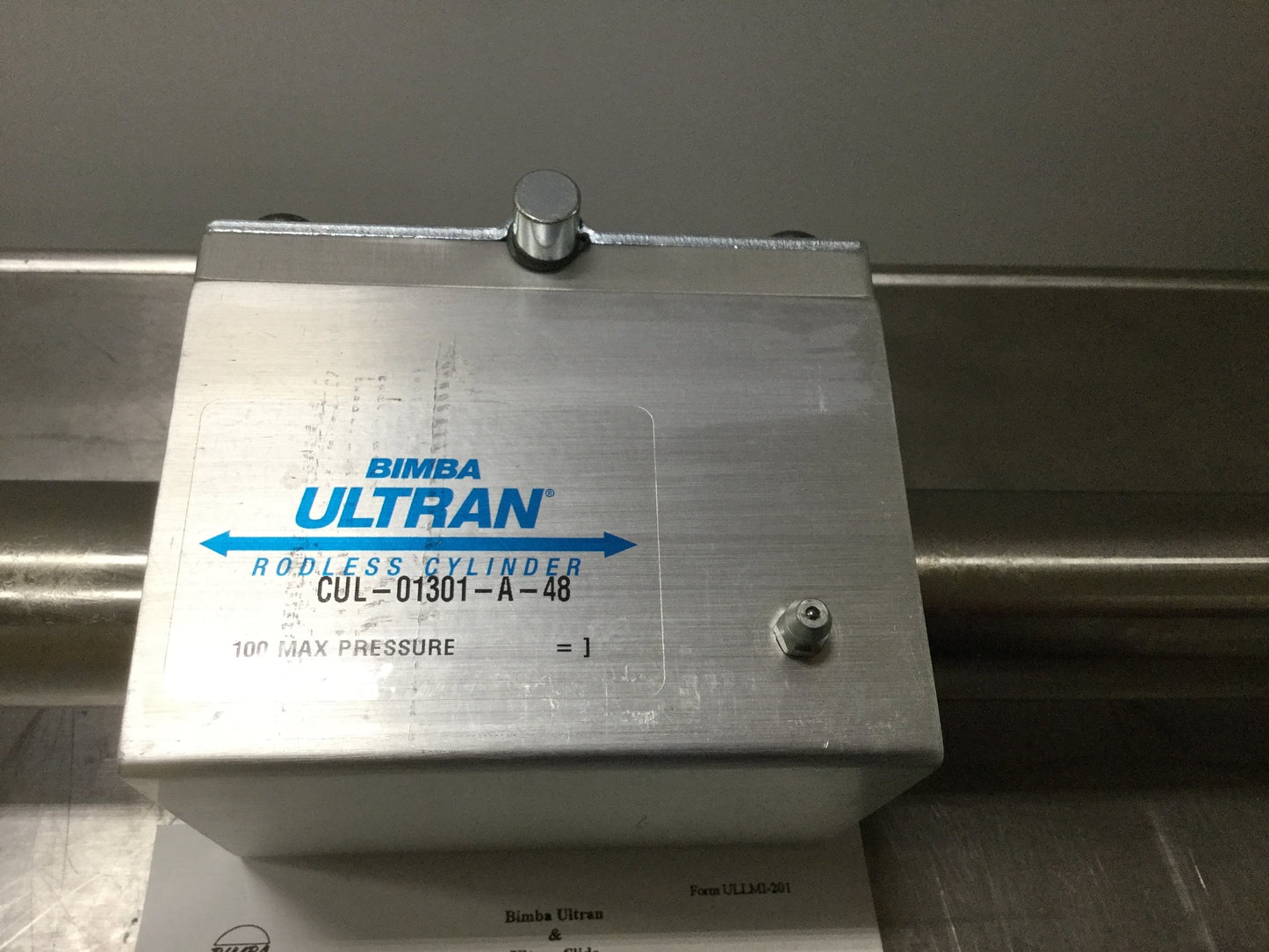 Used Bimba CUL-01301-A-48 Ultran Rodless Cylinder Bore: 1-1/2", Stroke: 48", 1/8" NPT