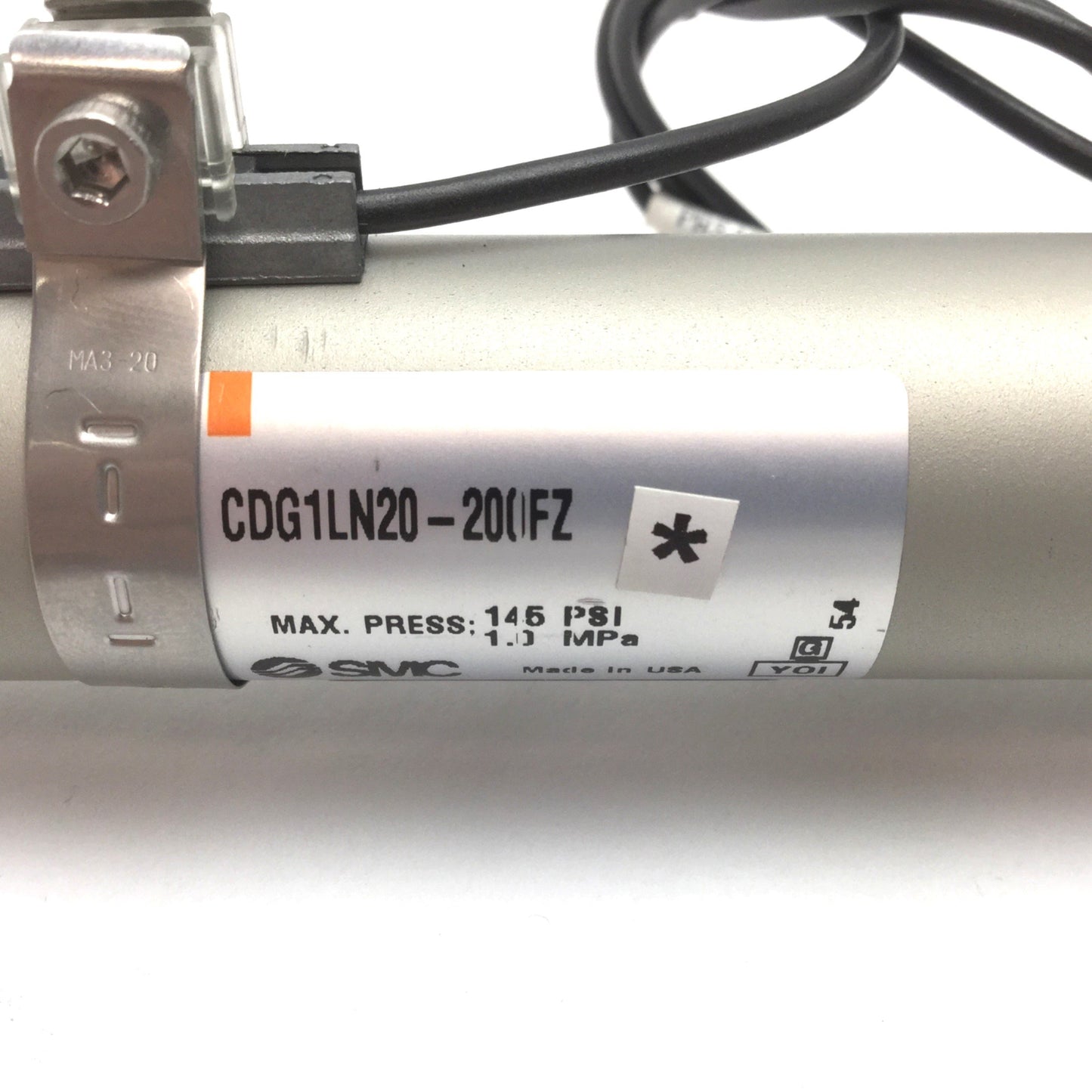 Used SMC CDG1LN20-200FZ Pneumatic Cylinder, Bore: 20mm, Stroke: 200mm, W/ 2x Sensors