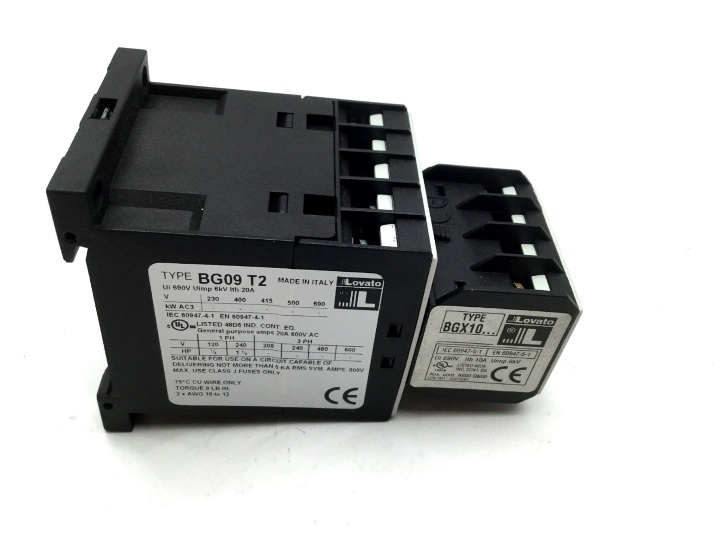 Used Lovato BG09T2D Contactor 4 Pole 240V 2NO 2NC Coil: 24VDC, BGX1020 Auxiliary 2 NO