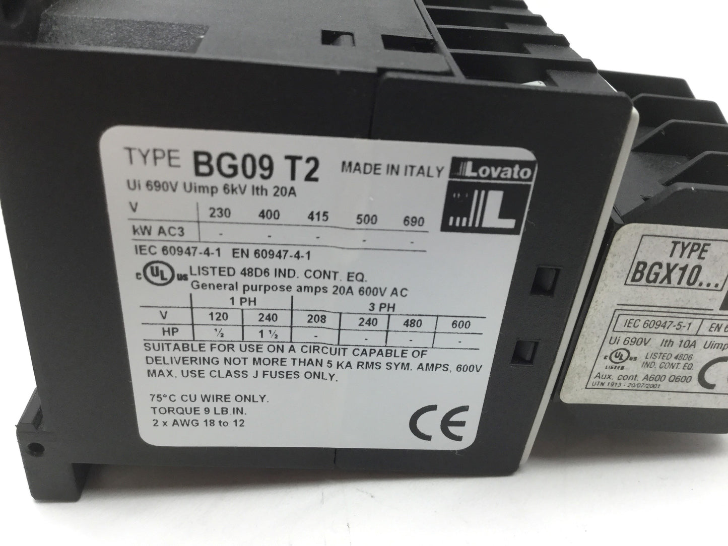 Used Lovato BG09T2D Contactor 4 Pole 240V 2NO 2NC Coil: 24VDC, BGX1020 Auxiliary 2 NO