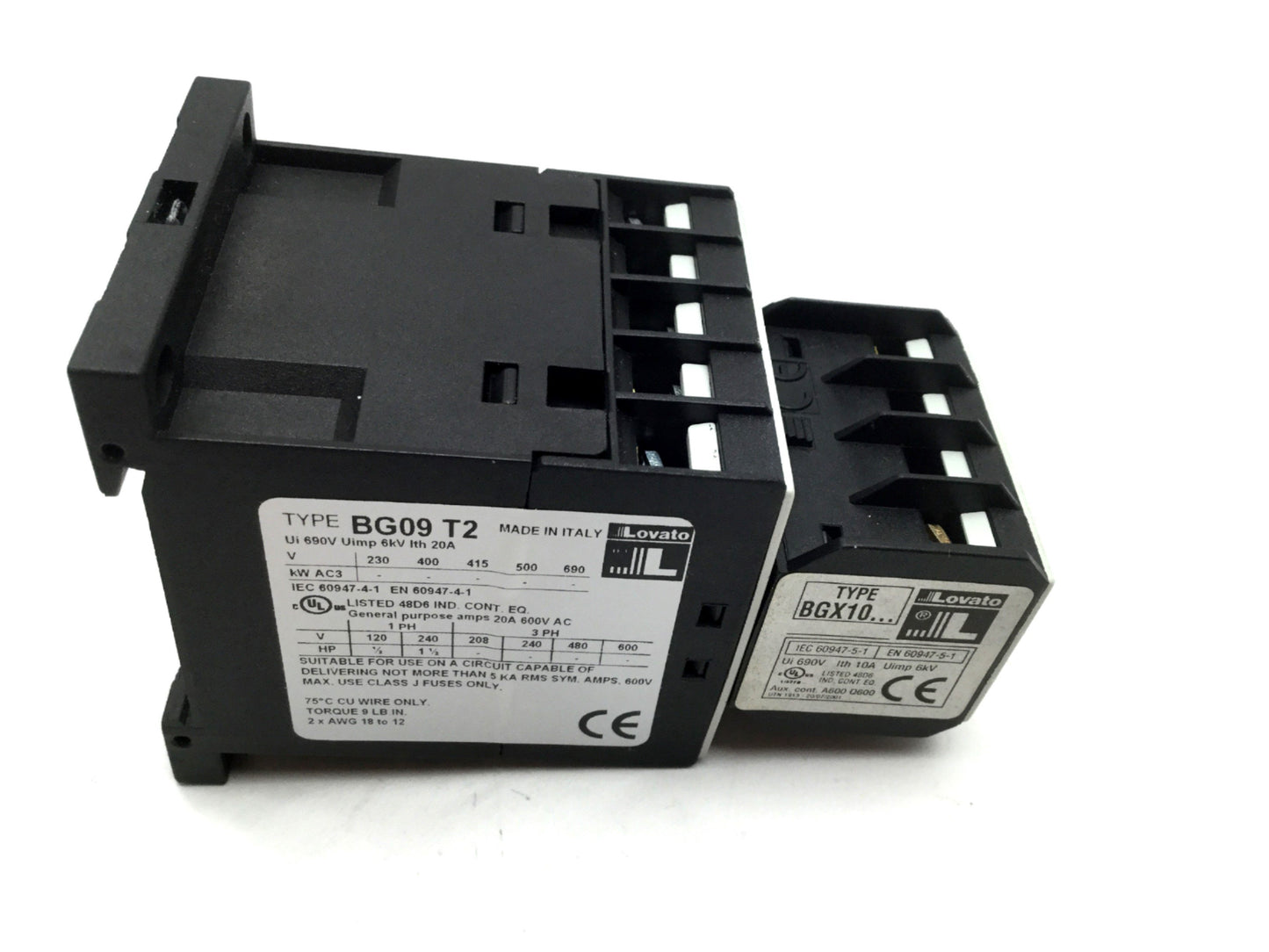 Used Lovato BG09T2D Contactor 4 Pole 240V 2NO 2NC Coil: 24VDC, BGX1020 Auxiliary 2 NO