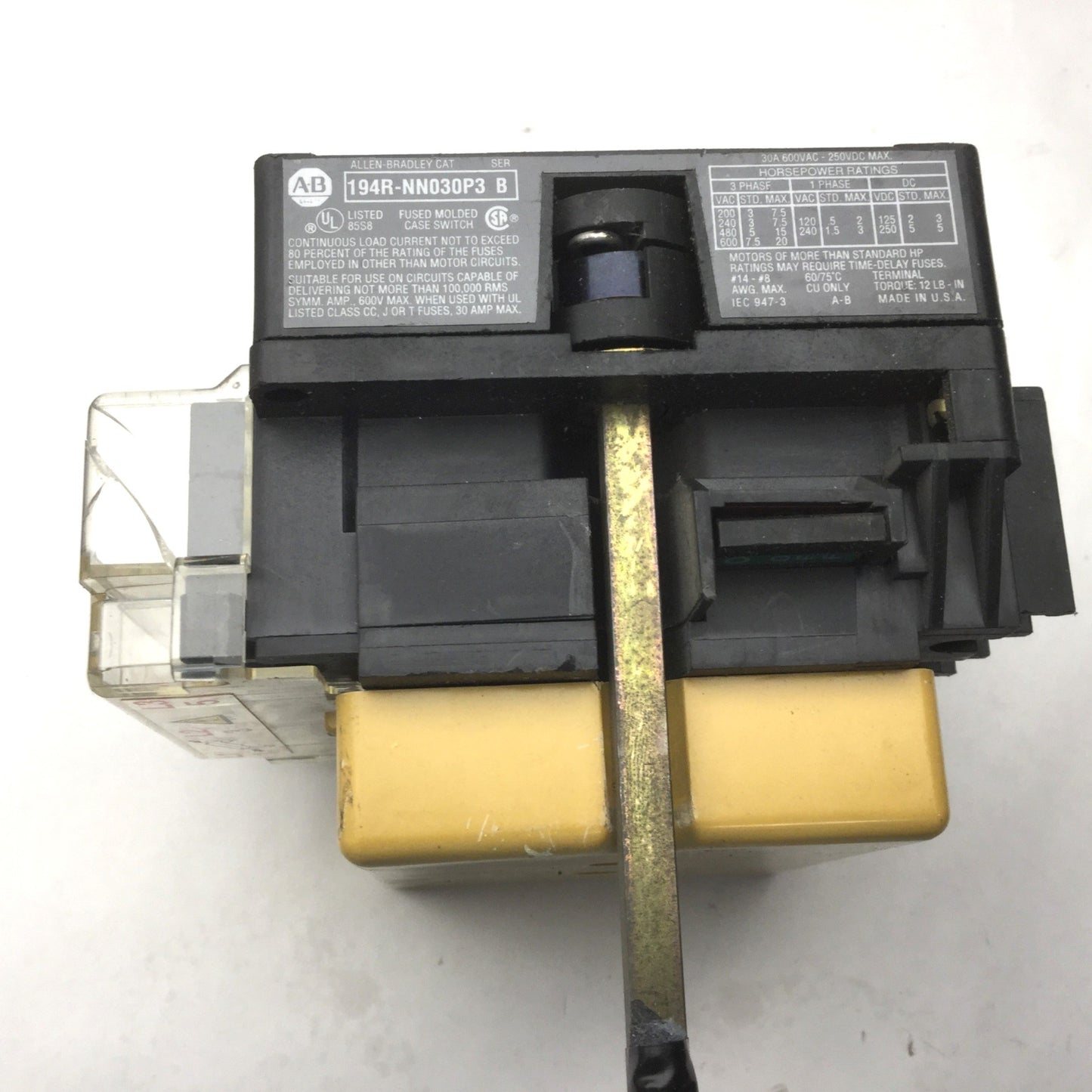 Used Allen Bradley 194R-NN030P3 Disconnect Switch, 3-Pole Rating: 30A, 600VAC, 250VDC