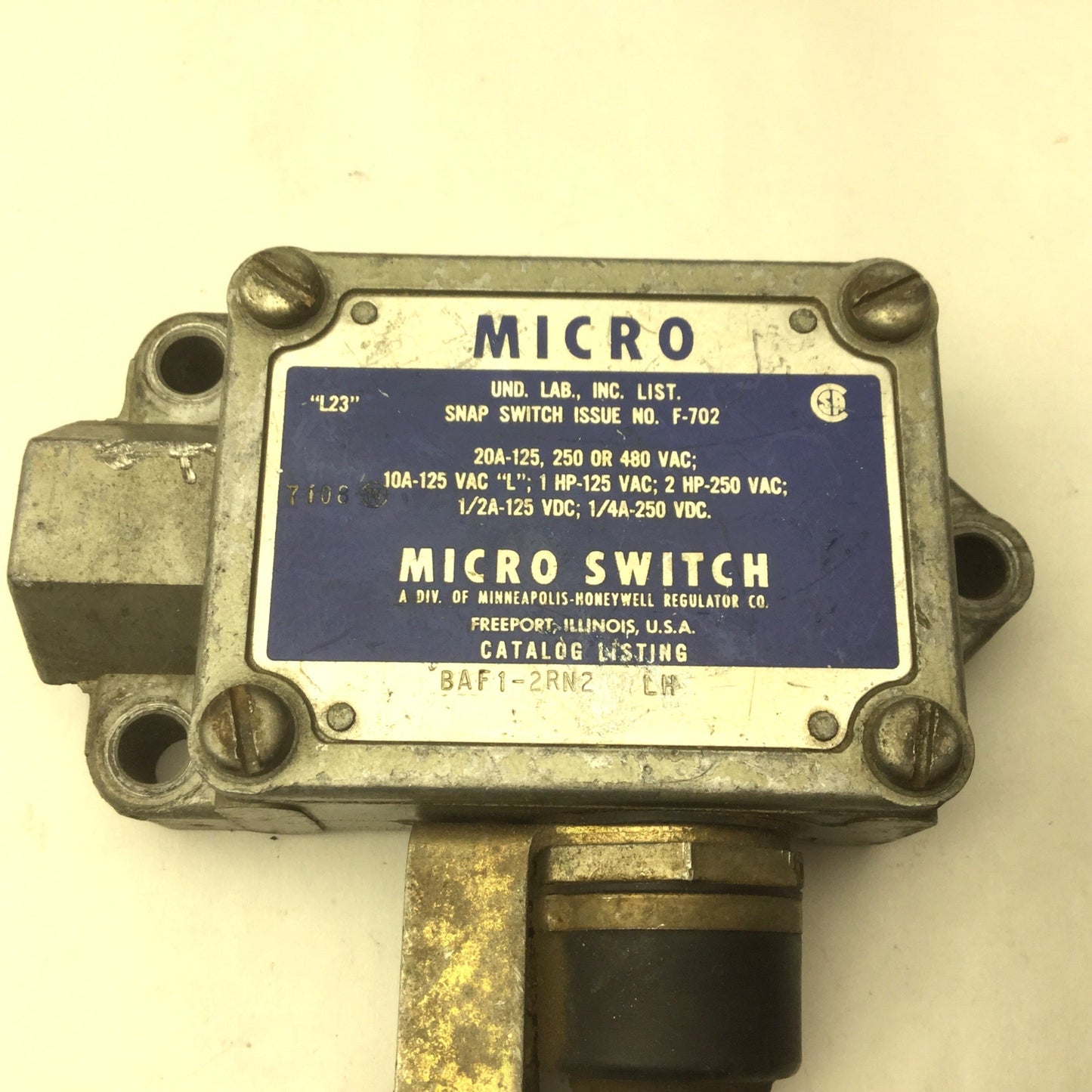 Used Micro Switch BAF1-2RN2 Adjustable Roller Limit Lever, SPDT, Side Plunger