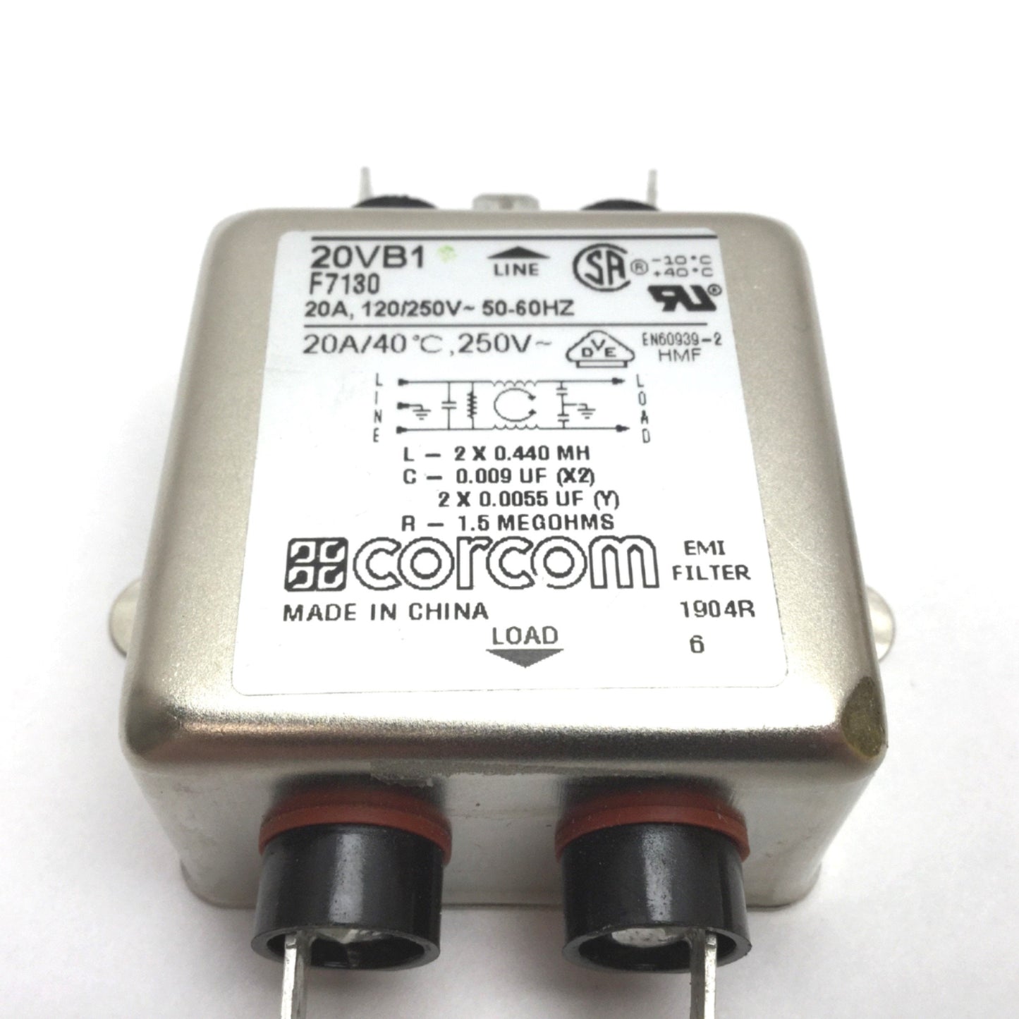 Used Lot of 2 Corcom 20VB1 F7130 EMI RFI Power Line Filter 20A 120/250VAC 1/4" Faston