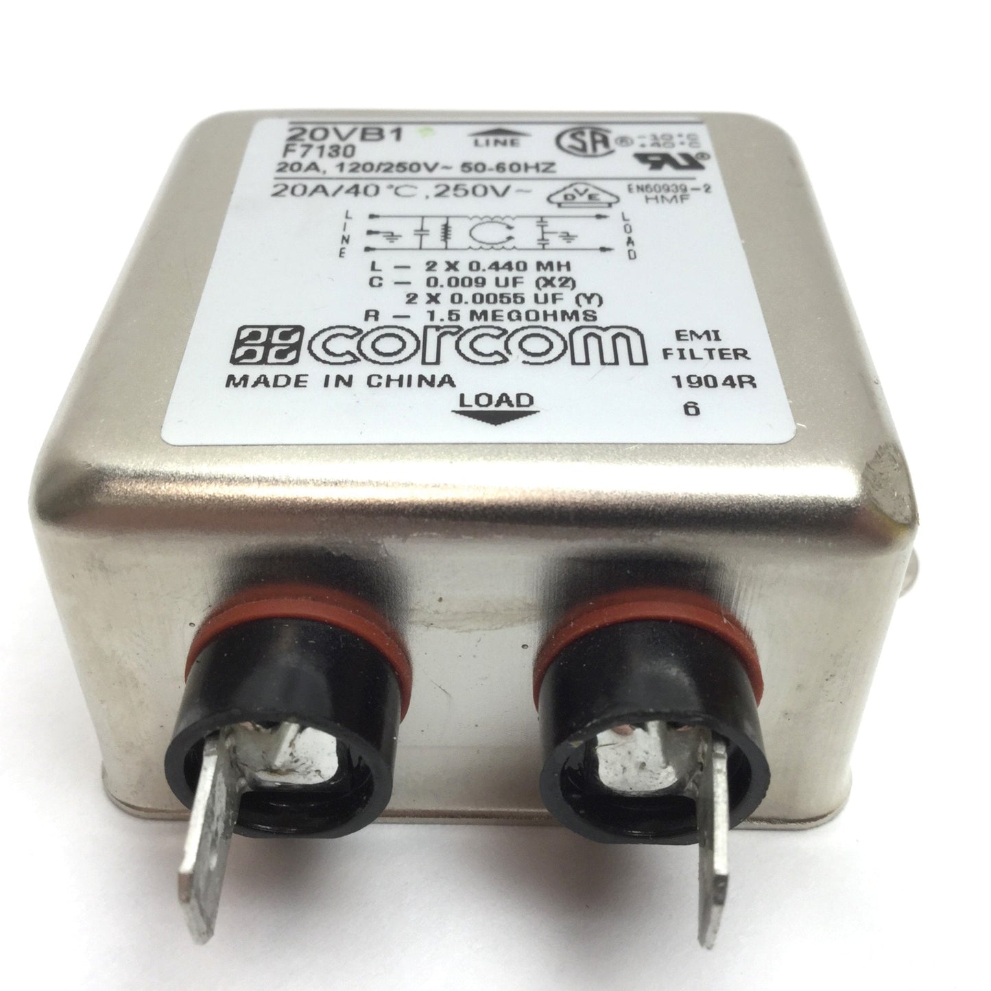 Used Lot of 2 Corcom 20VB1 F7130 EMI RFI Power Line Filter 20A 120/250VAC 1/4" Faston