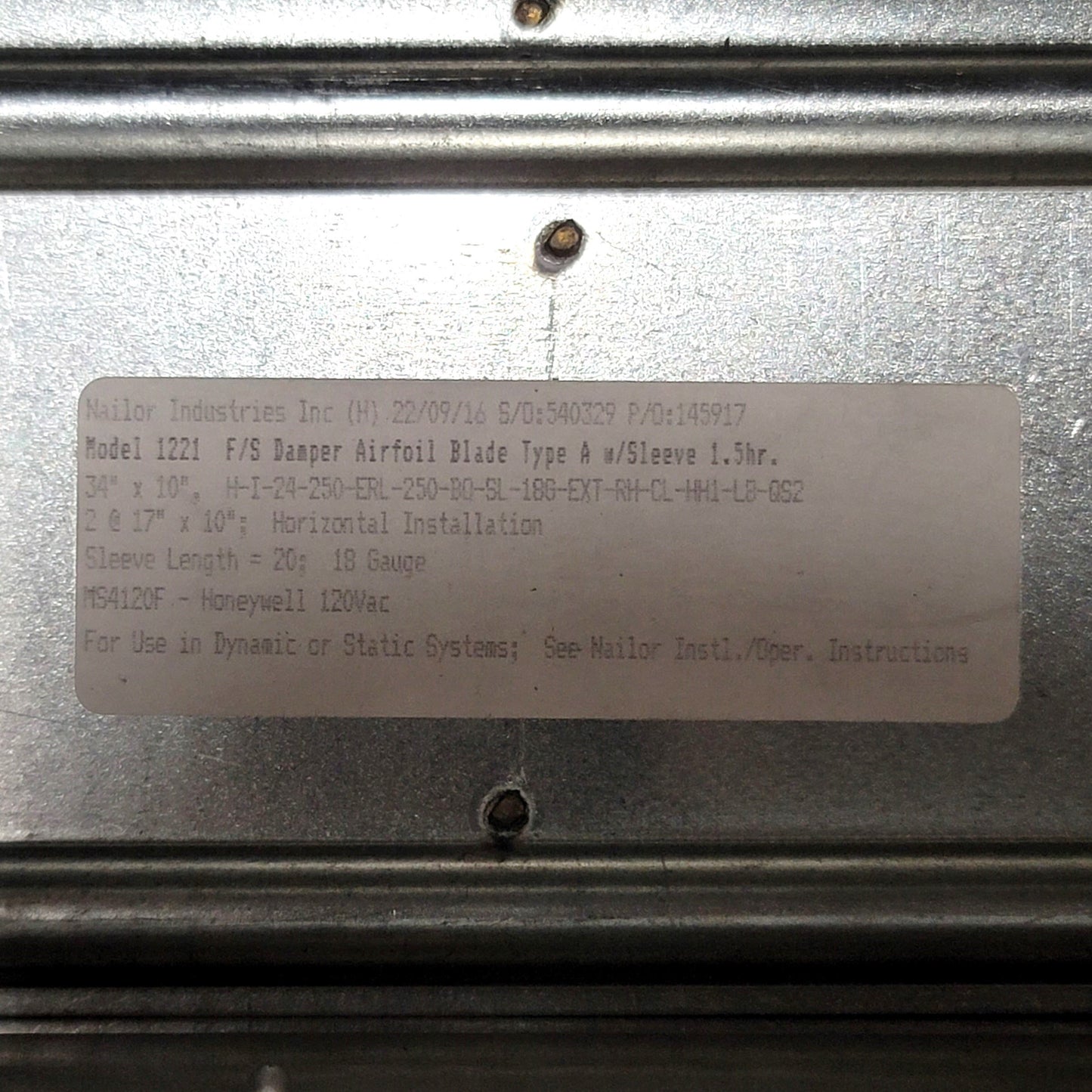 New – Open box Nailor 1221 Combination Fire/Smoke Damper Type A W/Sleeve 34" x 10" x 20" 1.5hr