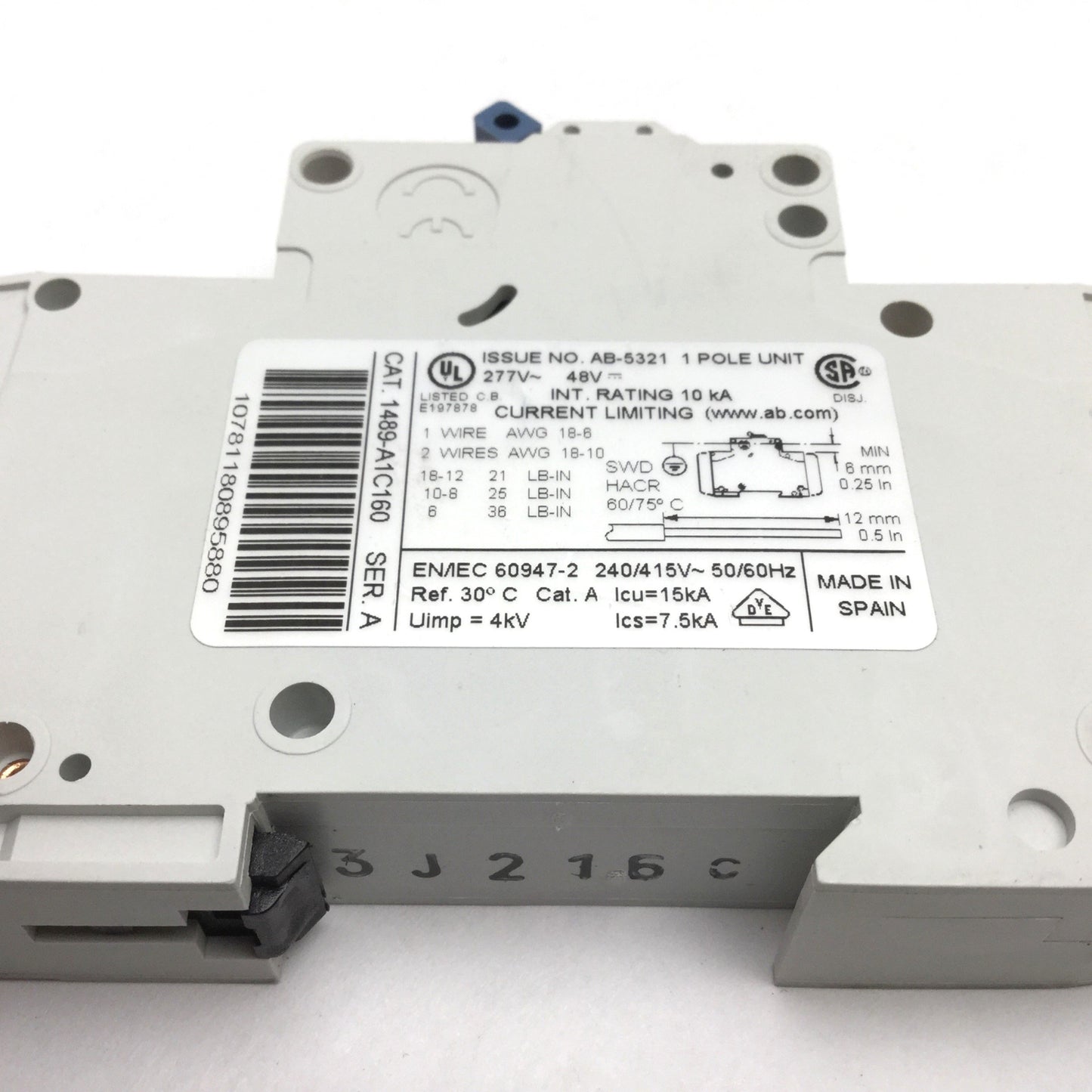 Used Allen Bradley 1489-A1C160 Circuit Breaker, 1-Pole, C-Curve, 277VAC 48VDC 16A