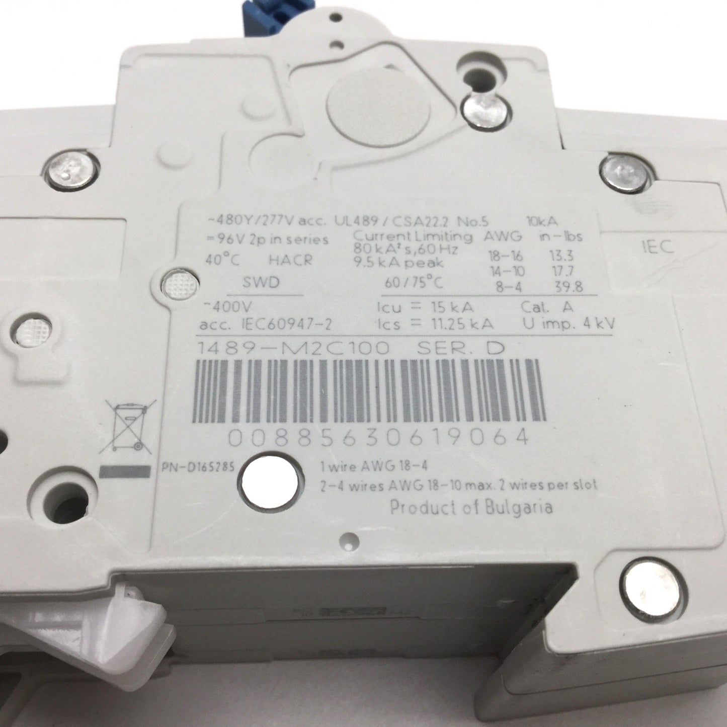 Used Allen Bradley 1489-M2C100 Circuit Breaker, 2-Pole, C-Curve, 480Y/277VAC 10A