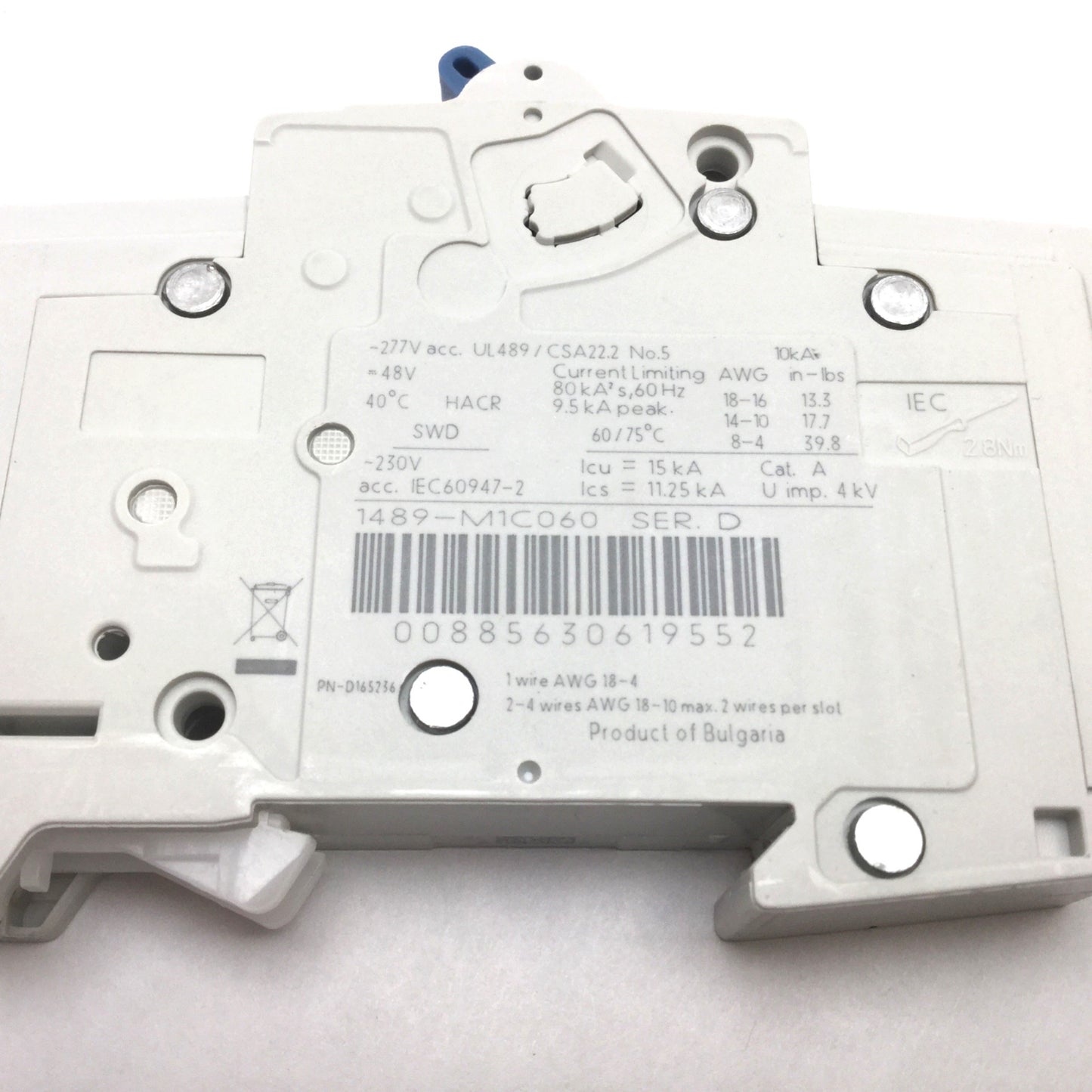 Used Allen Bradley 1489-M1C060 Circuit Breaker, 1-Pole, Rating: 6A 277VAC 48VDC