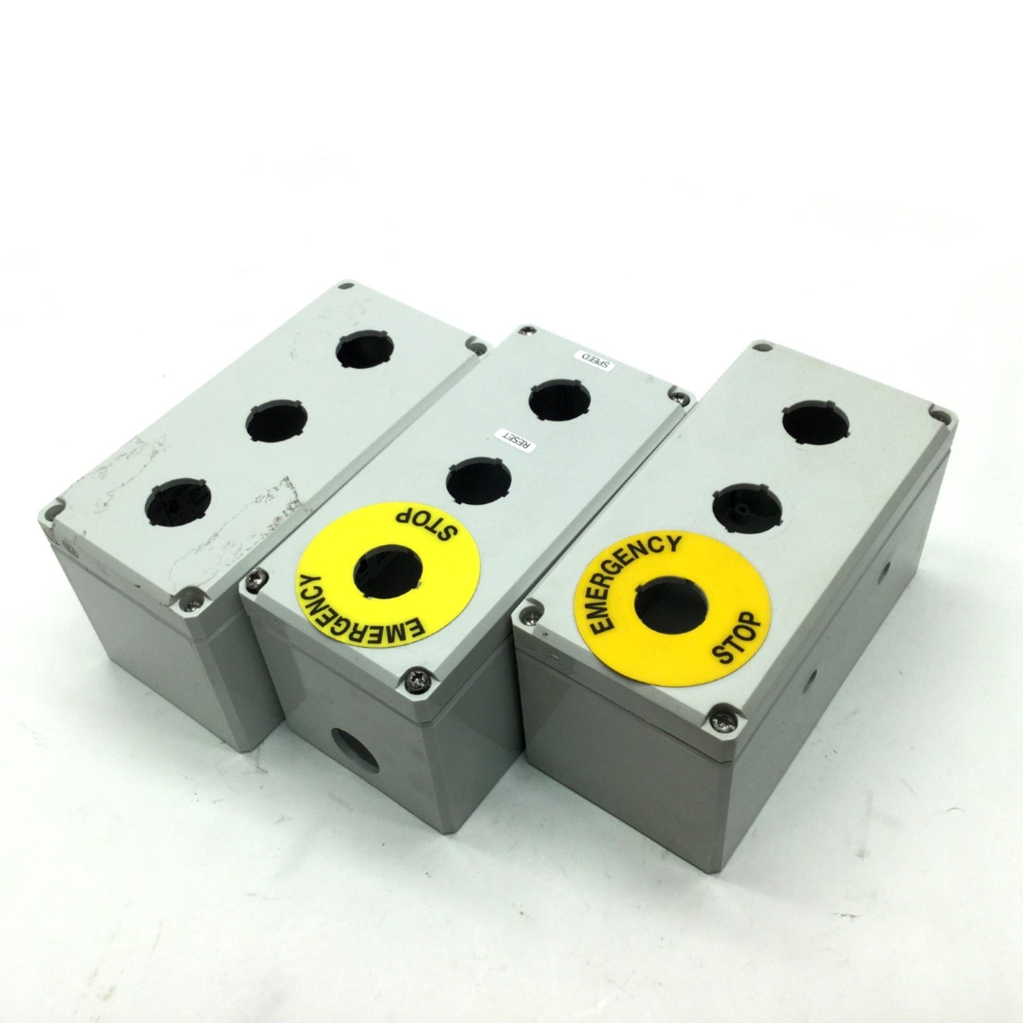 Used Lot of 3 Hoffman Q3PBPCDM 3-Hole Pushbutton Enclosures, 3" x 6" x 3" *Holes*