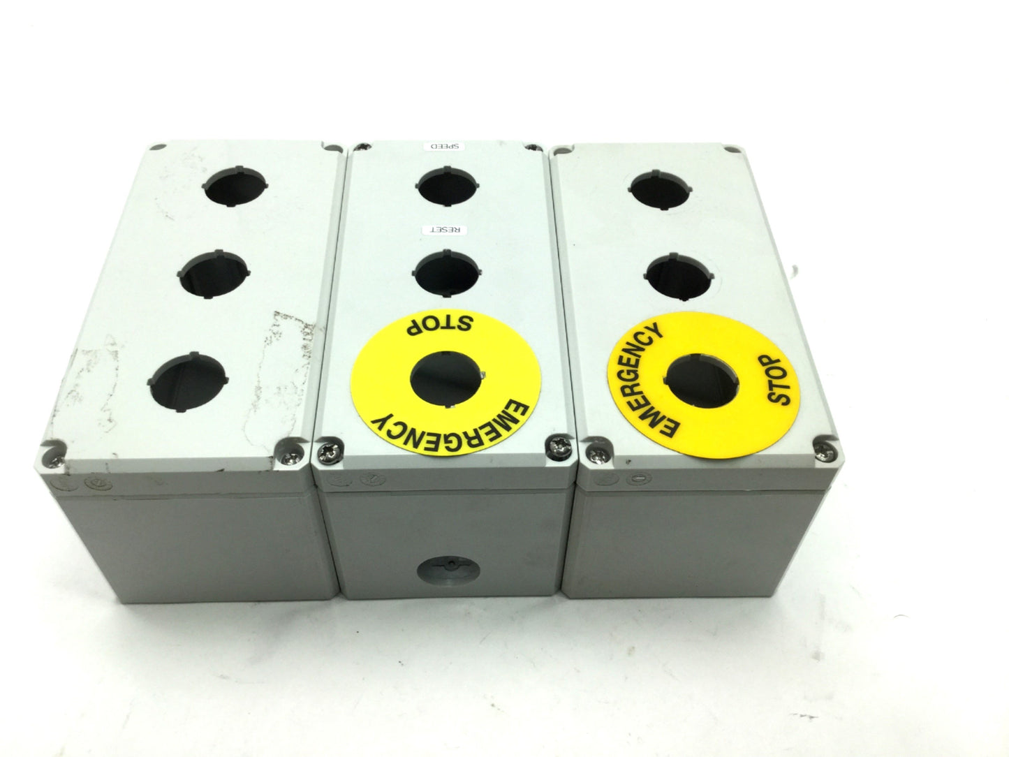 Used Lot of 3 Hoffman Q3PBPCDM 3-Hole Pushbutton Enclosures, 3" x 6" x 3" *Holes*