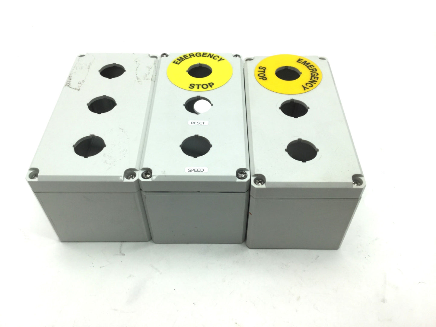 Used Lot of 3 Hoffman Q3PBPCDM 3-Hole Pushbutton Enclosures, 3" x 6" x 3" *Holes*