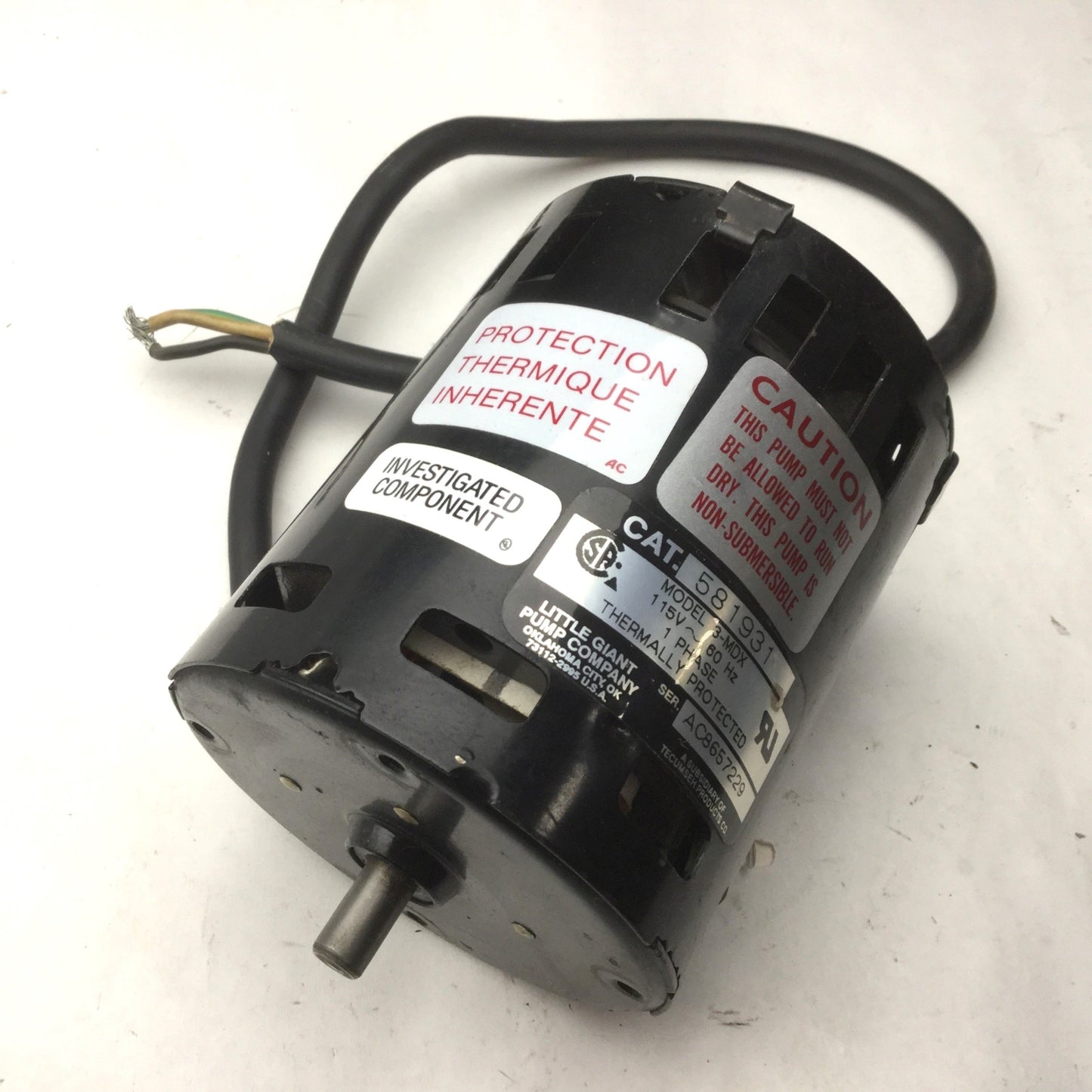 Used Little Giant 3-MDX Magnetic Drive Pump, Speed: 3000RPM, Voltage: 115VAC 60Hz