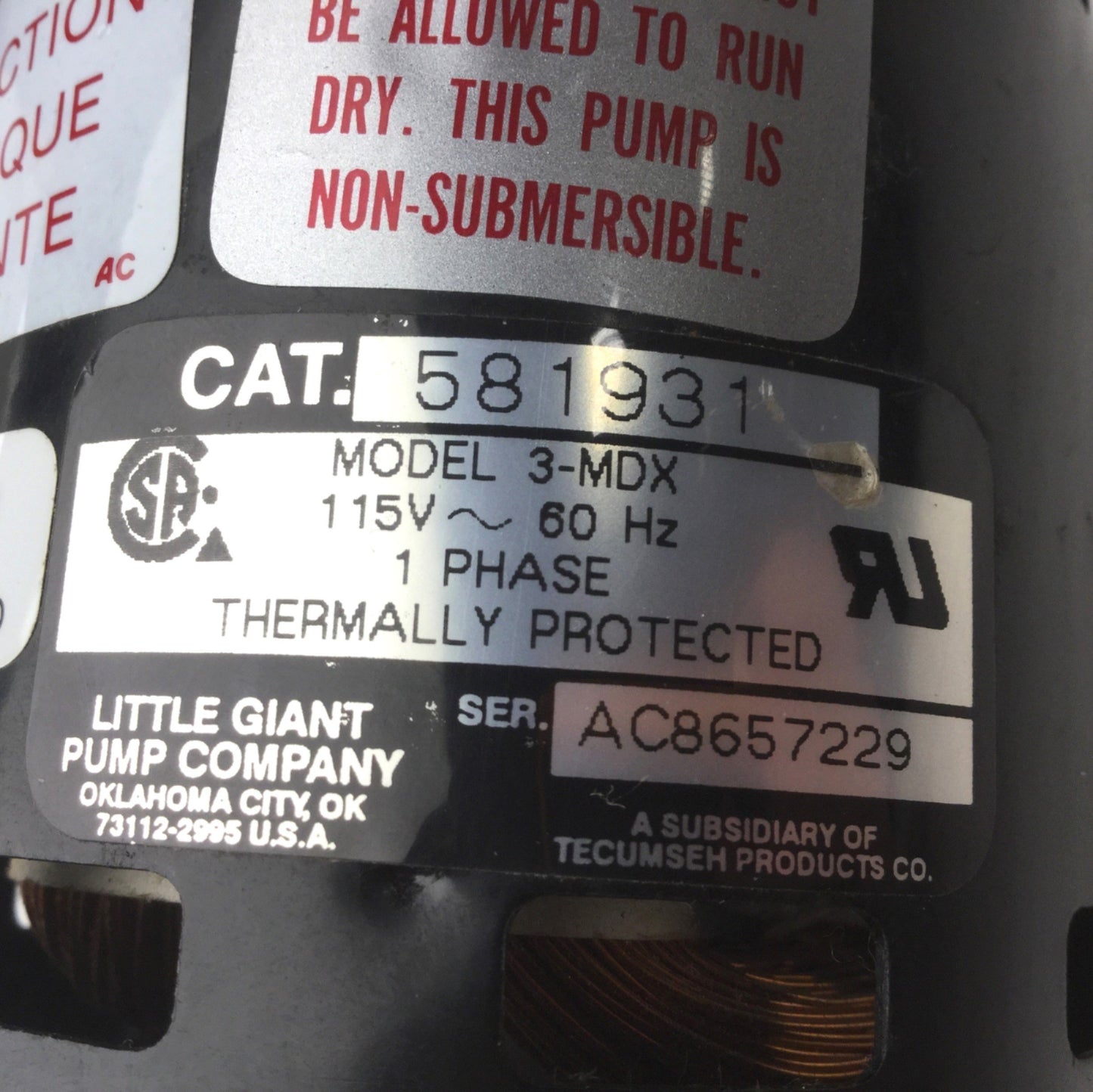 Used Little Giant 3-MDX Magnetic Drive Pump, Speed: 3000RPM, Voltage: 115VAC 60Hz
