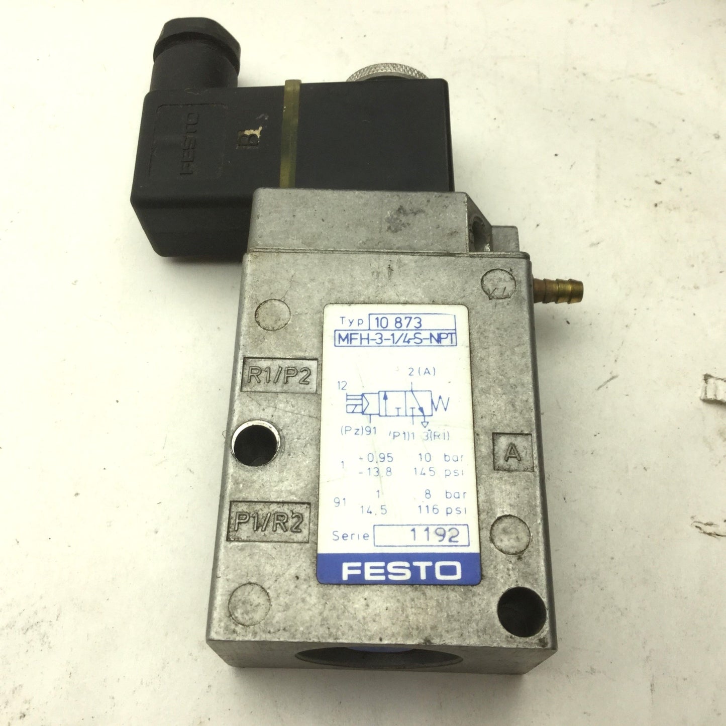 Used Festo MFH-3-1/4-S-NPT Solenoid Valve, 2-Position 3-Way, Pressure: -0.95 to 10bar