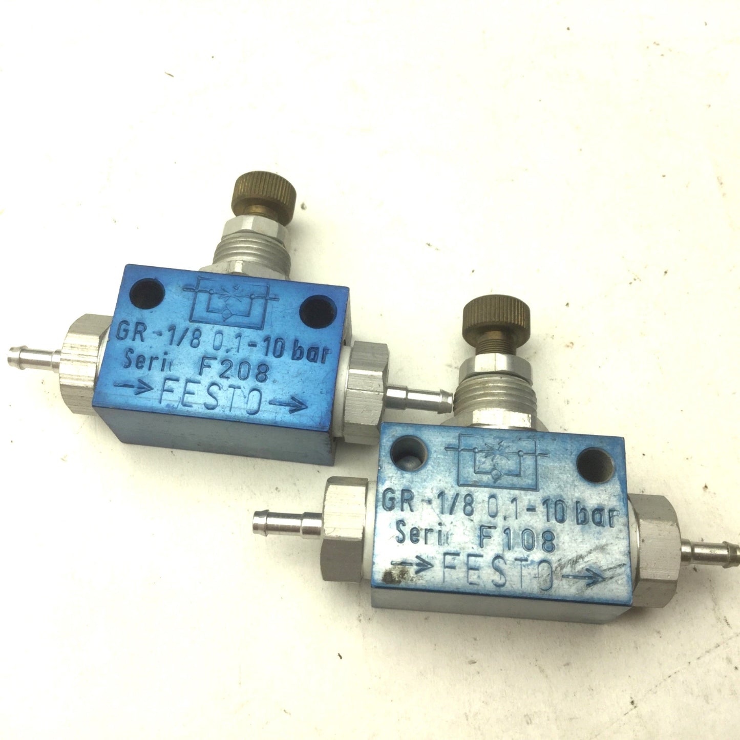 Used Lot of 2 Festo GR-1/8 Flow Control Valve, Inline, 0.1-10 bar, Ports: G1/8