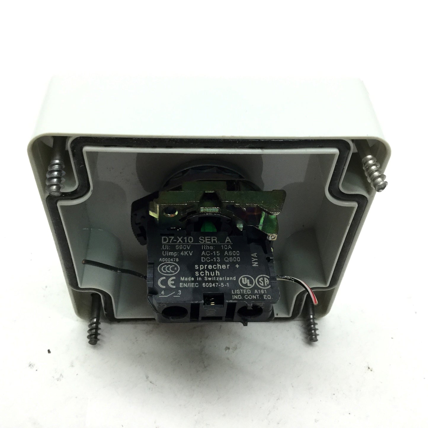 Used FIBOX 7032560 080807 Enclosure: 3.2x3.1x2.6", W/ Sprecher D7-X10 Push Button