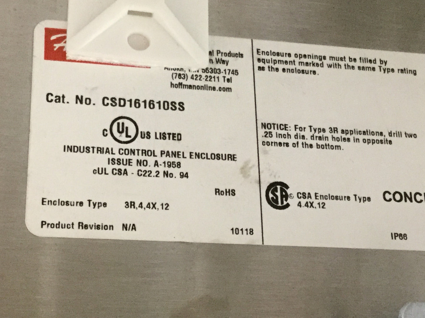 Used Hoffman CSD161610SS Electrical Enclosure Box Stainless Steel 16"x16"x10" *Holes*