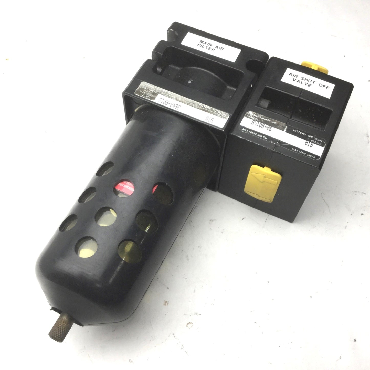 Used Parker Watts F105-04BG Pneumatic Filter, 1/2" NPT Ports, 5 Micron SV105-06 Valve